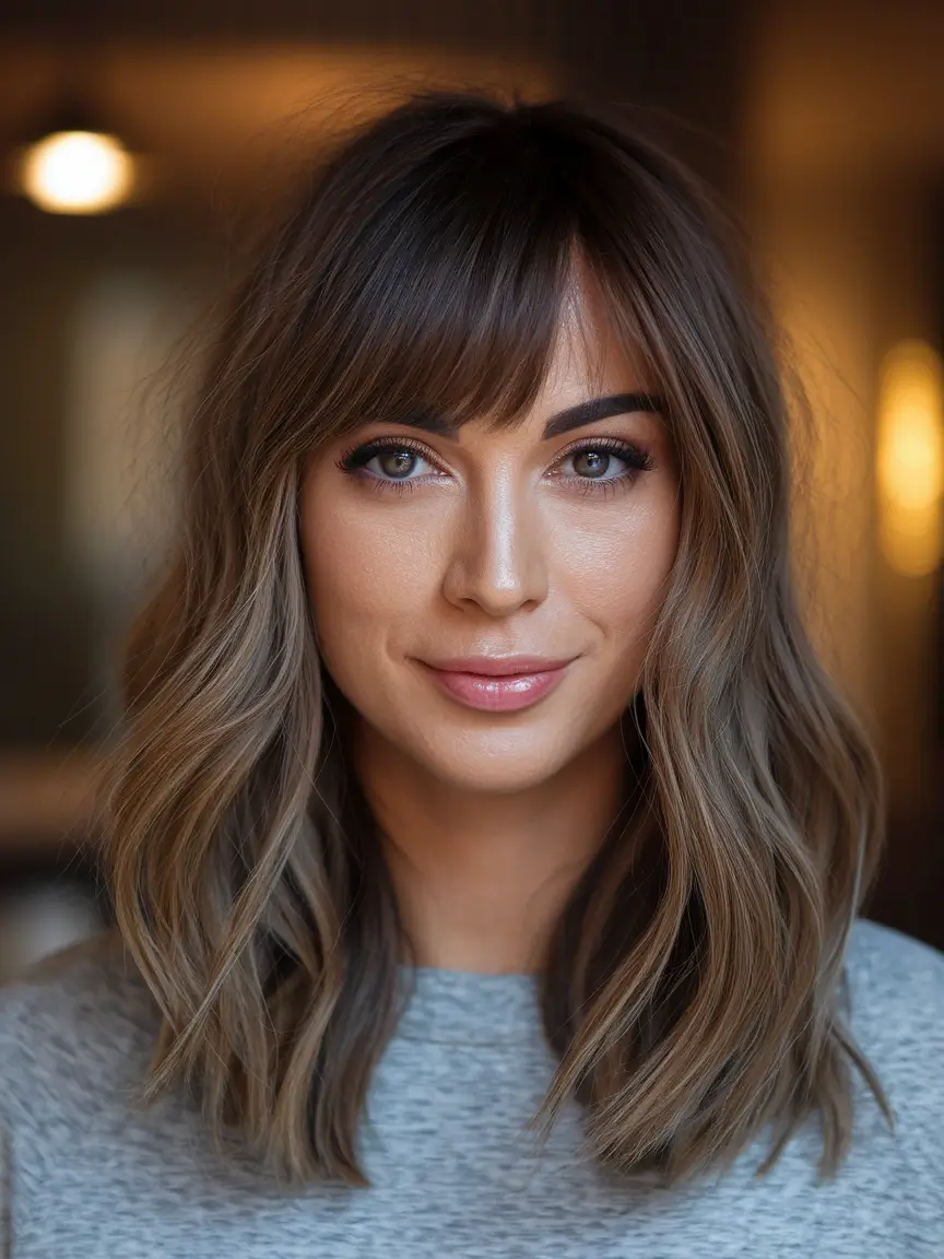 fall brown hair color Smoky Chestnut Lob with Eyelash Bangs