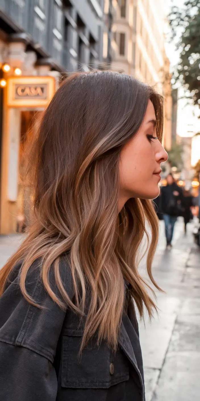 fall brown hair color balayage Balayage Blends with Golden Ends