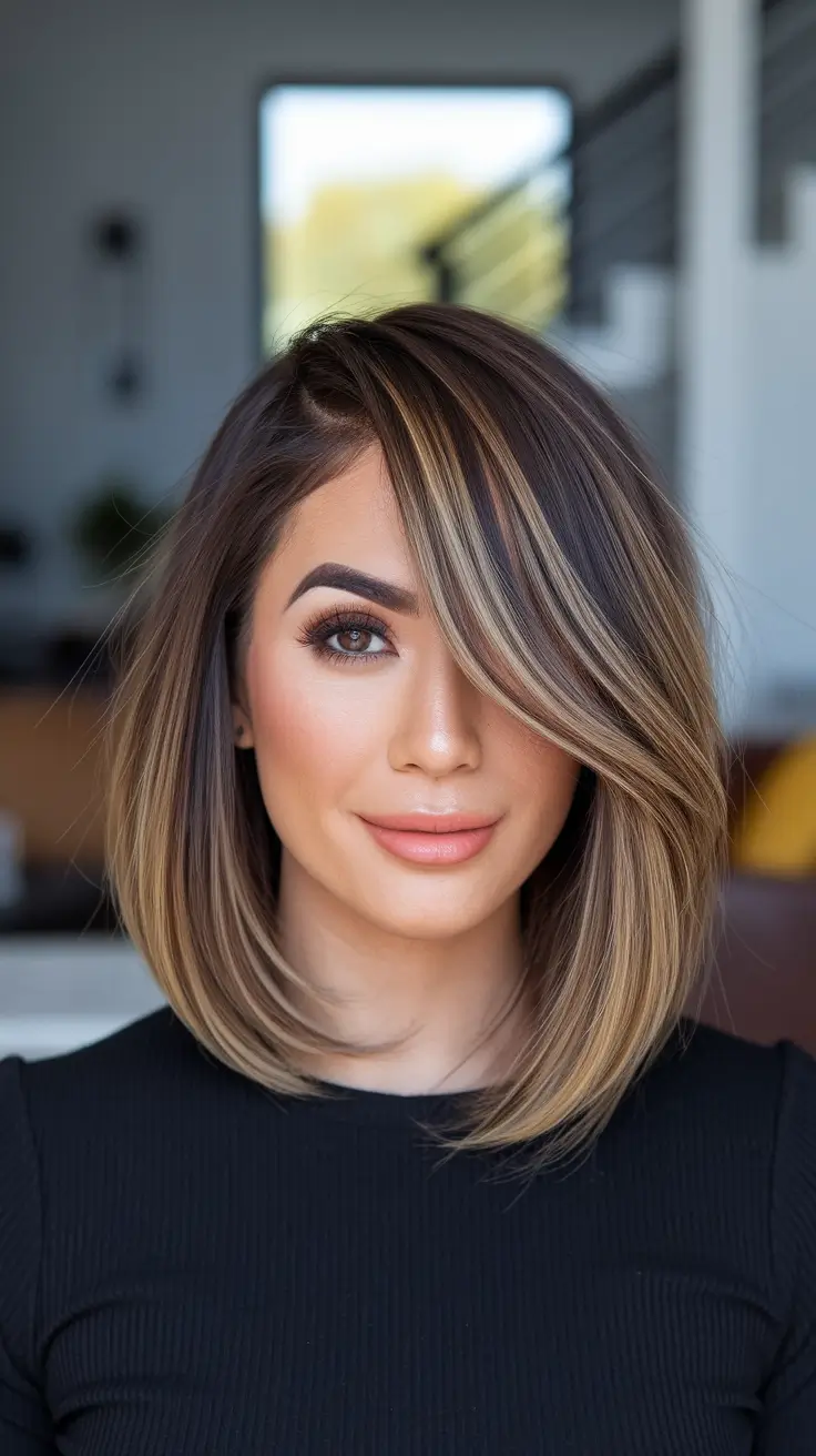 fall brown hair color Root Melt Bob with Bright Contour Highlights