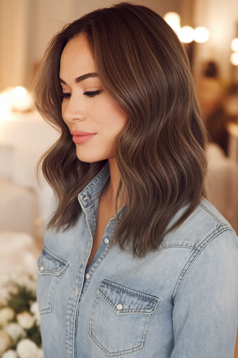 fall brown hair color brunettes medium Glossed Mocha Shine with Dimensional Depth