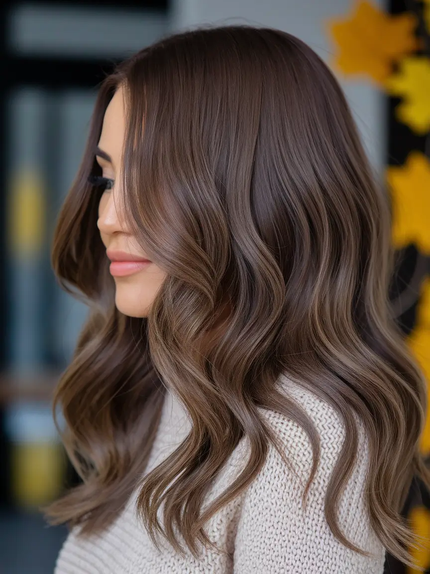 fall brown hair color Velvety Cocoa Waves with Lived-In Shine