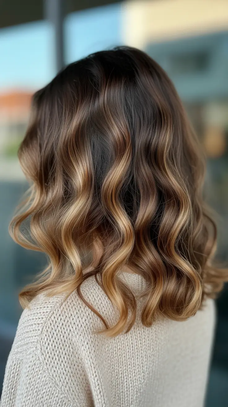 fall brunette hair color balayage medium Golden-Toned Brunette With Beachy Movement
