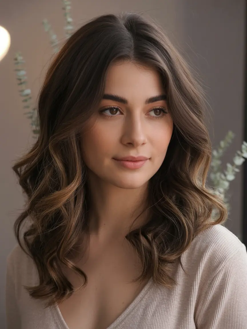 fall brunette hair color shoulder length Chestnut Swirl with Soft Contour