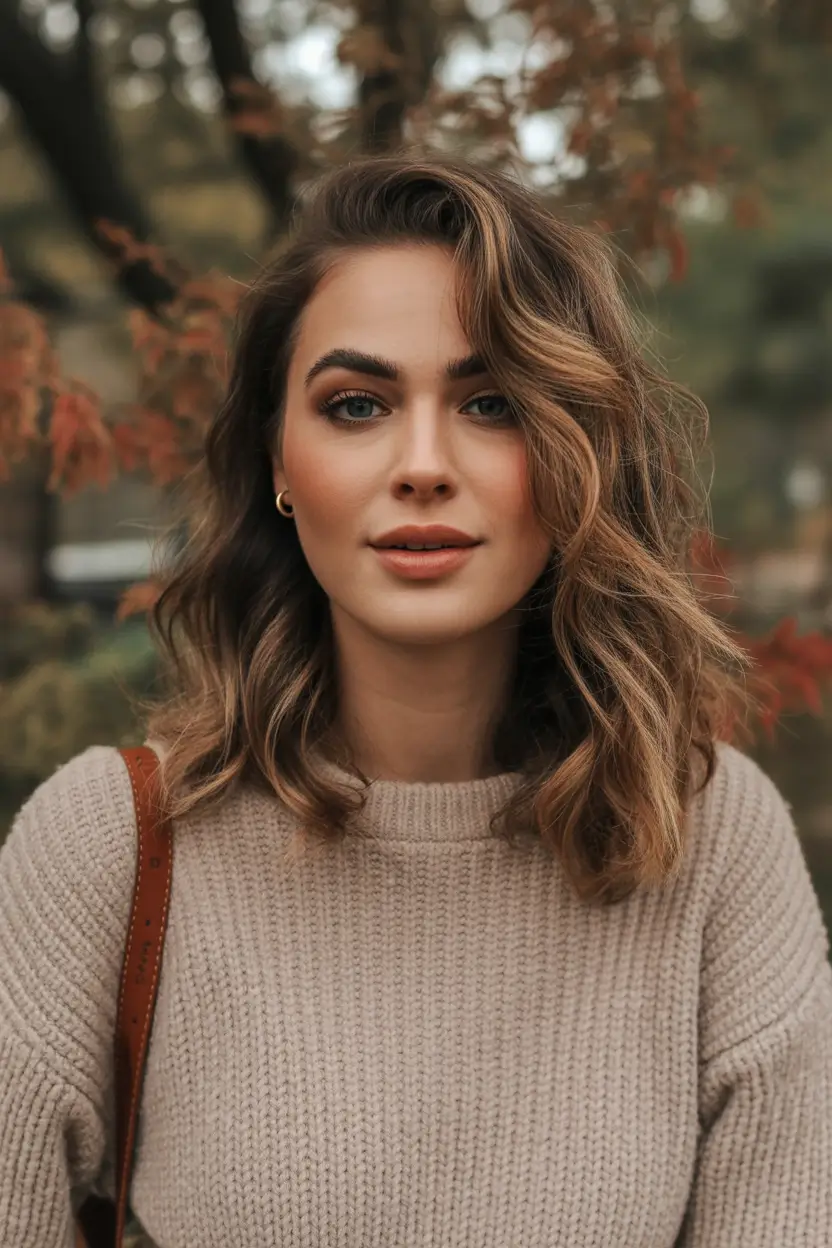 fall brunette hair color pale skin Amber Root Fade with Volume Side-Sweep