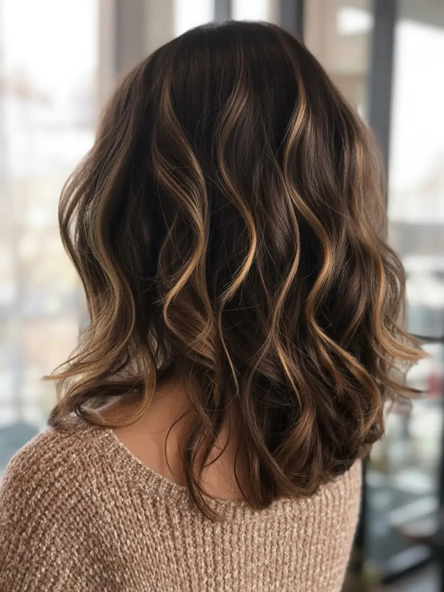 fall brunette hair color balayage 2025 Mocha Blend with Subtle Gold Ribbons