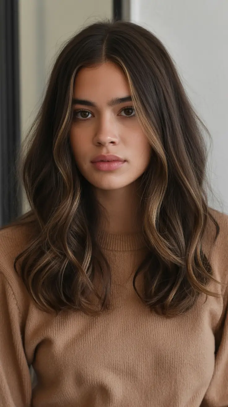 fall brunette hair color straight Straight Brunette Layers with Warm Edge Lights
