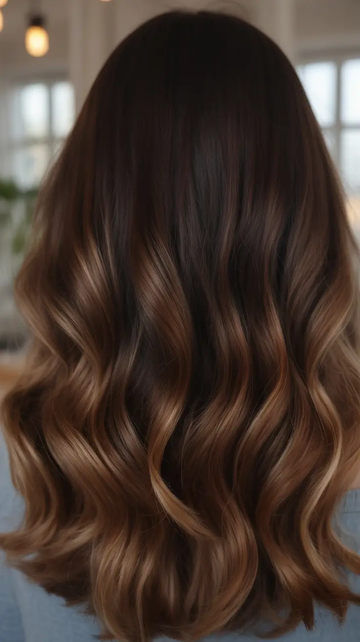 fall brunette hair color dark Dark Chocolate Curls With Dimensional Shine