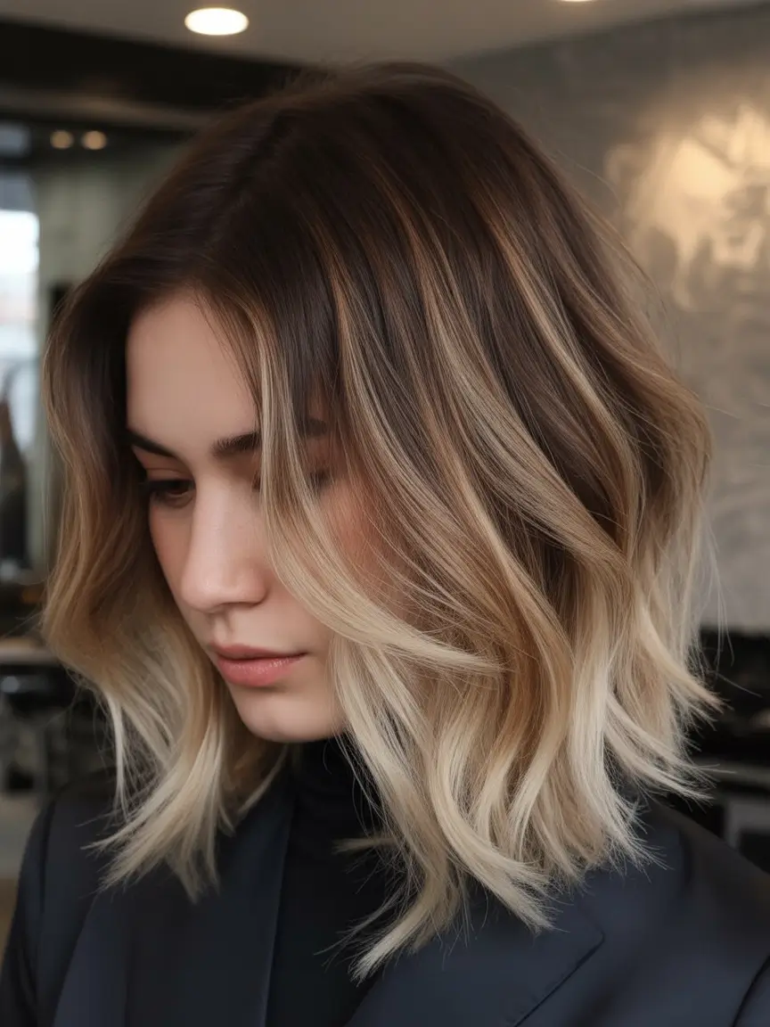 fall brunette hair color balayage short+Bronzed Almond Sweep