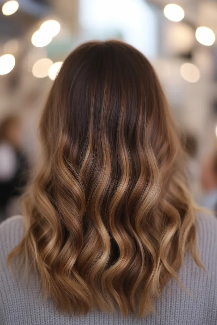 fall brunette hair color balayage 2025 Toffee Balayage on Soft Mid-Length Layers