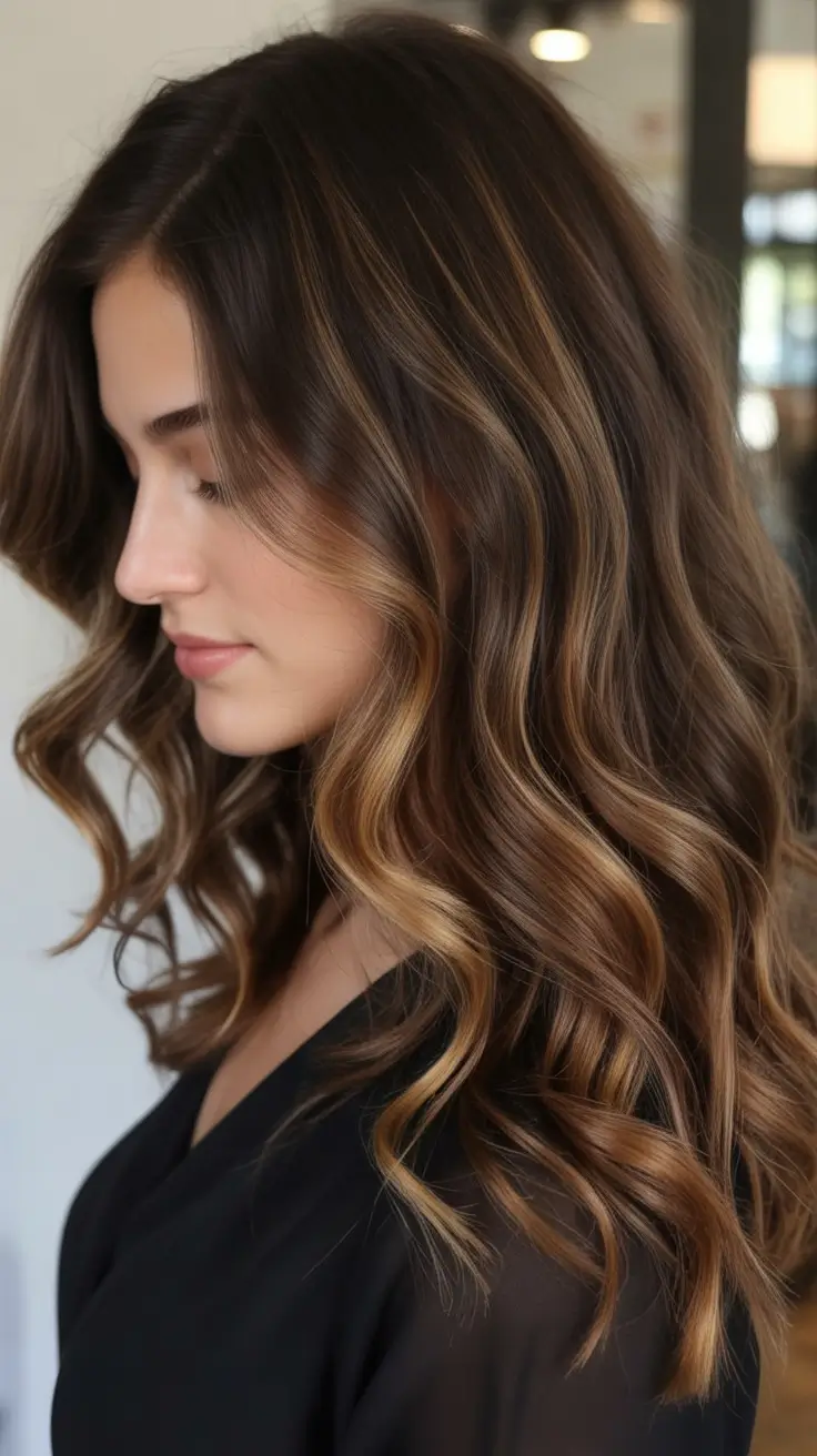 fall brunette hair color balayage long Honeyed Ribbons on Loose Long Waves