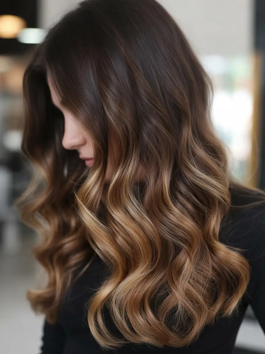 fall brunette hair color balayage long+Maple Blonde Fade