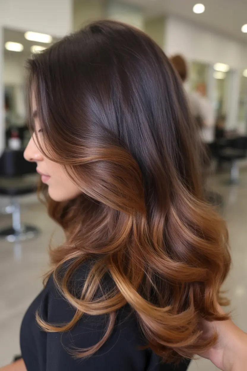 fall brunette hair color balayage 2025+Soft Auburn Whisper