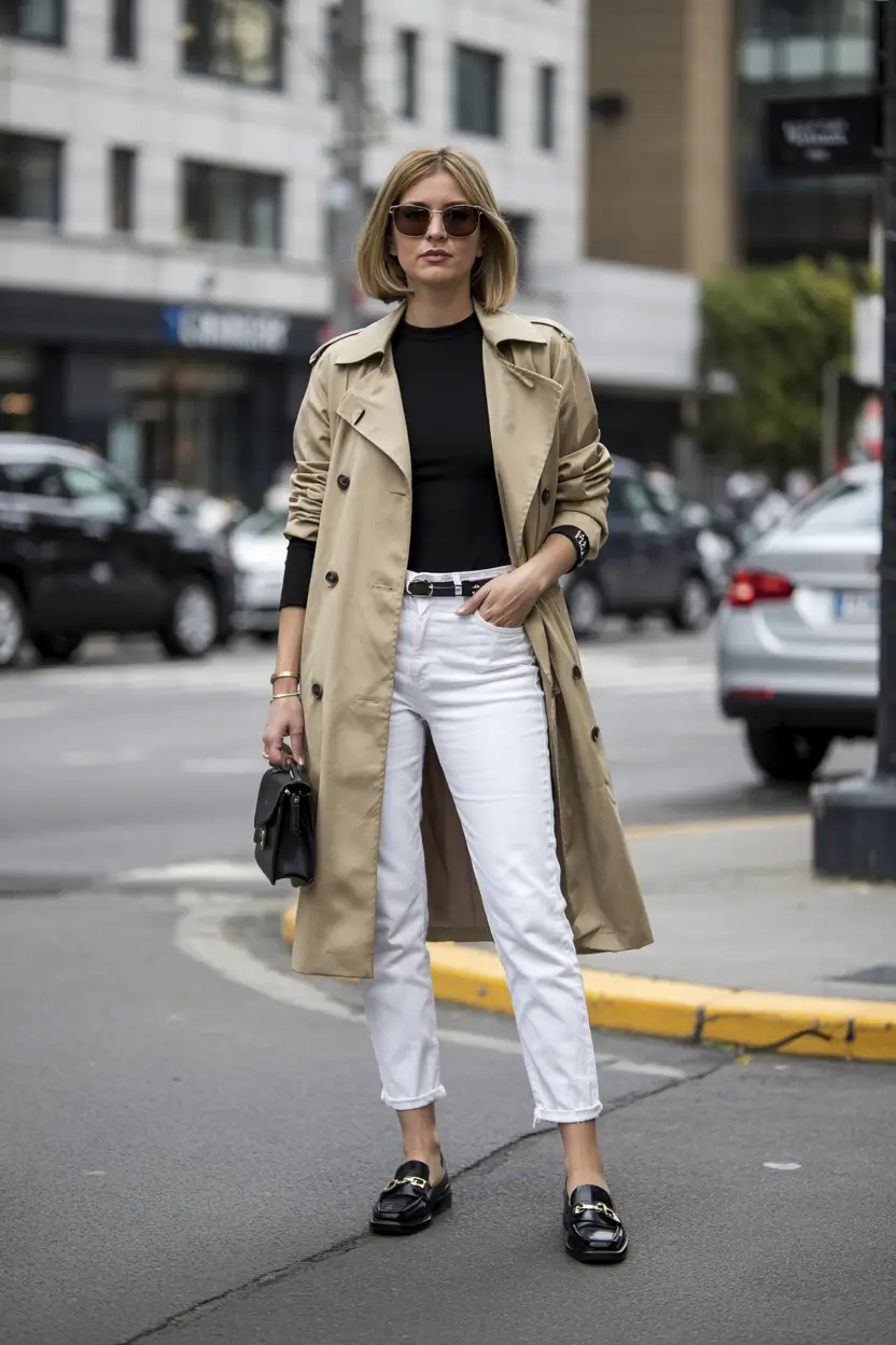 fall fashion outfits office Beige Trench and Crisp White Denim