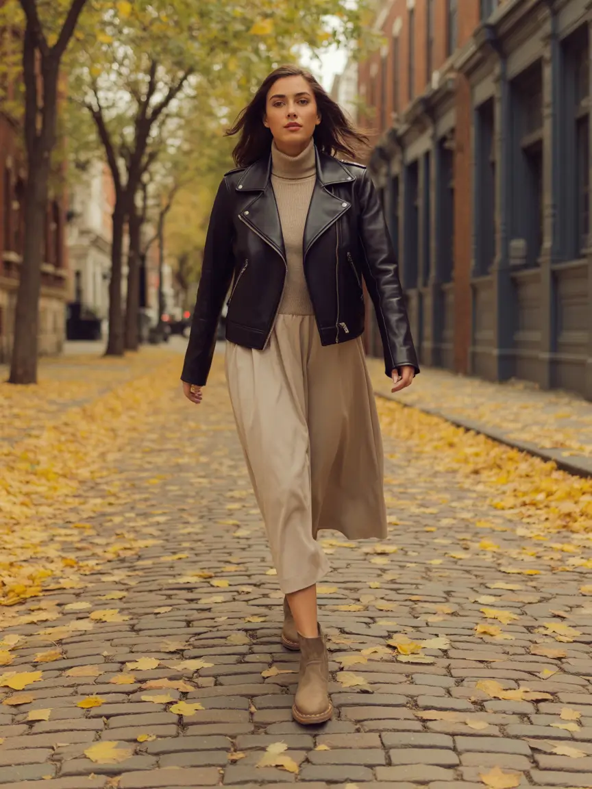 casual autumn street style women Street-Chic Neutrals with a Leather Edge