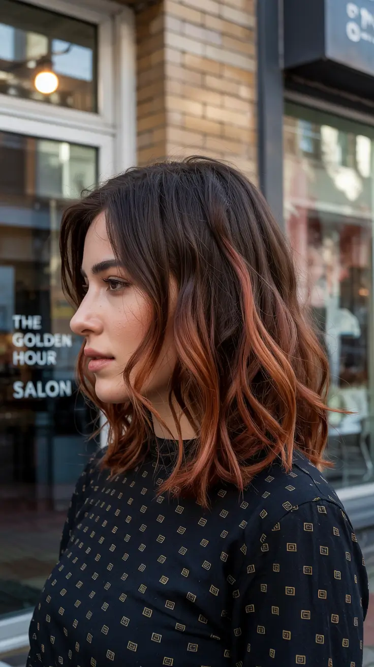 fall hair colors 2025 Copper Flame Ribbons on Brunette Bob