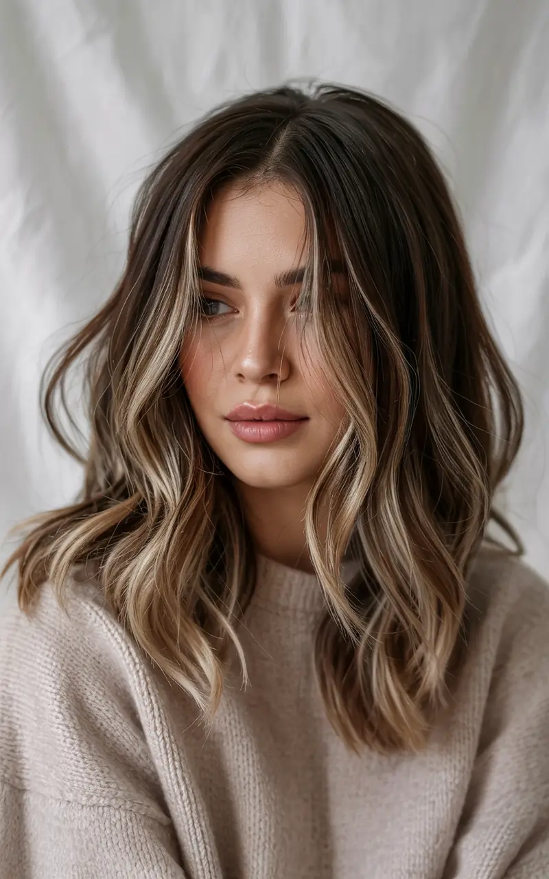 fall hair color ideas Muted Mocha Balayage with Cool Beige Tones