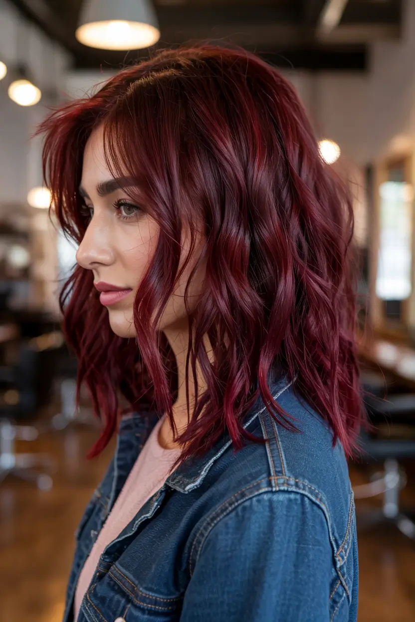 fall hair color ideas Vibrant Mulberry Red for Bold Fall Days