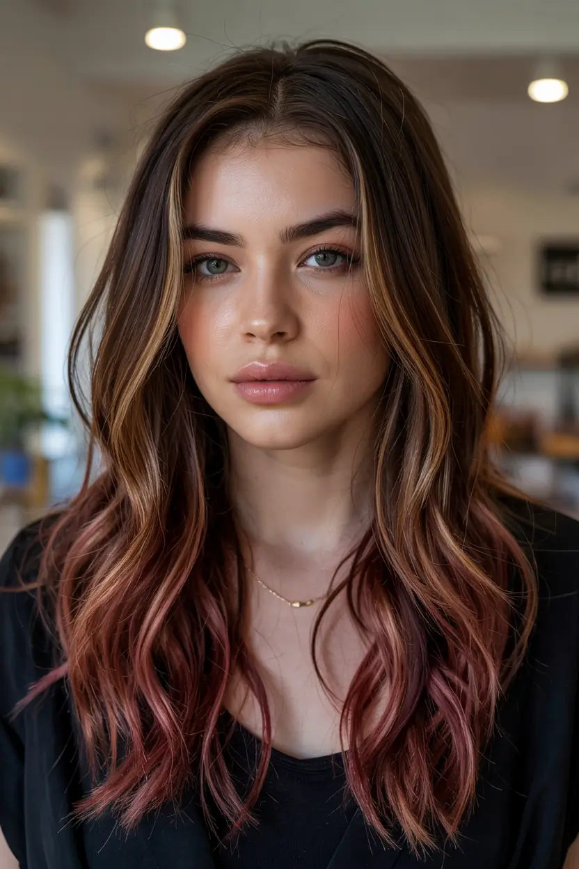 fall hair color trends for brunettes Chocolate Roots with Rosewood Ends