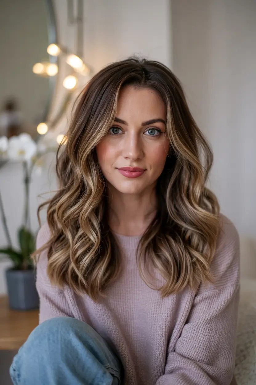 fall hair color ideas Warm Espresso Waves with Light Caramel Threads
