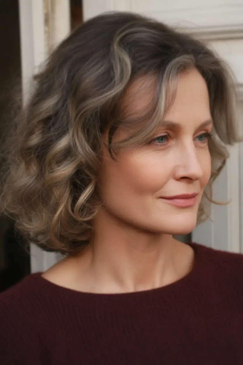 Fall 2025 Hair Color Guide for Women Over 50 Elegant Tousled Curls with Natural Grey Blending