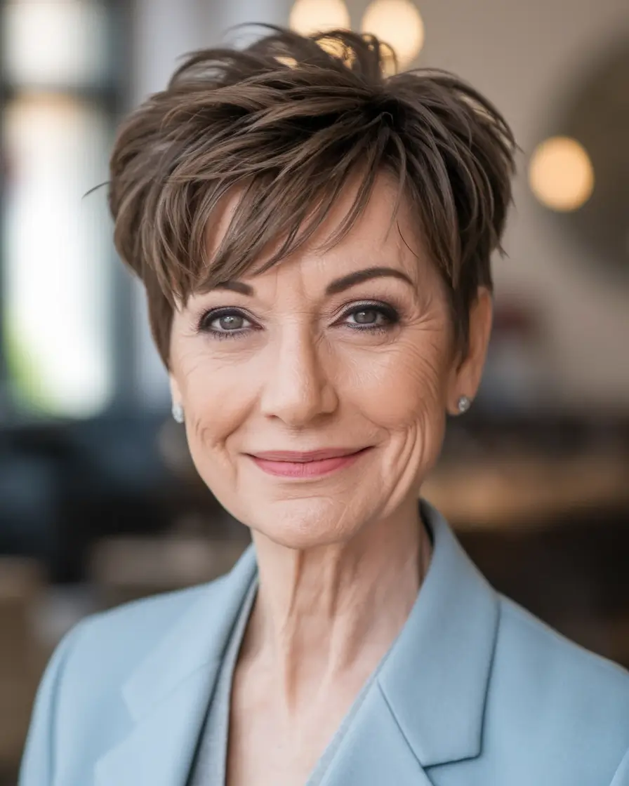 Fall 2025 Hair Color Guide for Women Over 50 Feathered Brunette Pixie with Soft Side Fringe