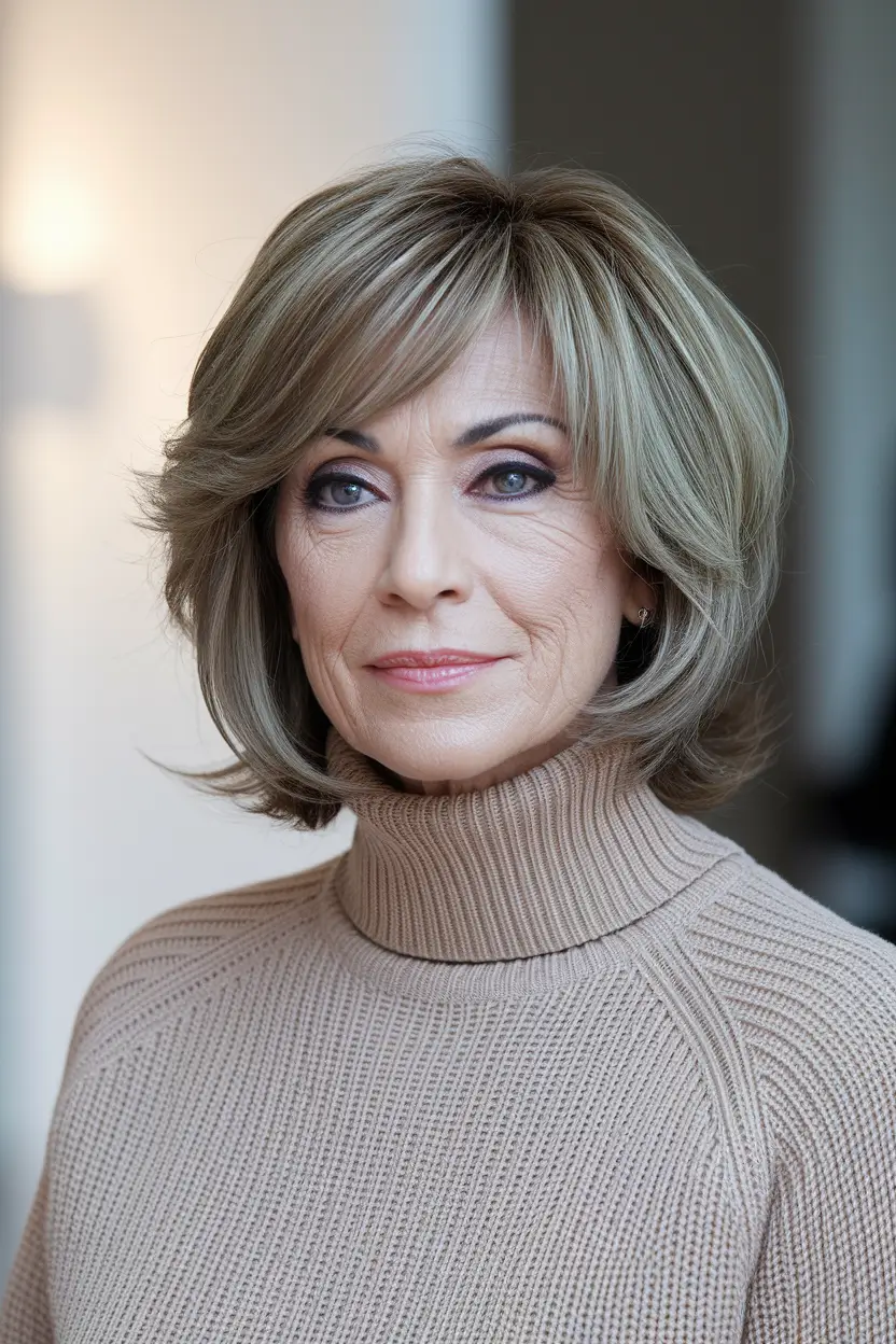 Fall 2025 Hair Color Guide for Women Over 50 Neutral Beige Bob with Curtain Bangs