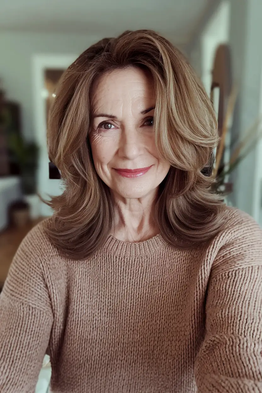 Fall 2025 Hair Color Guide for Women Over 50 Golden Maple Shoulder-Length Blowout