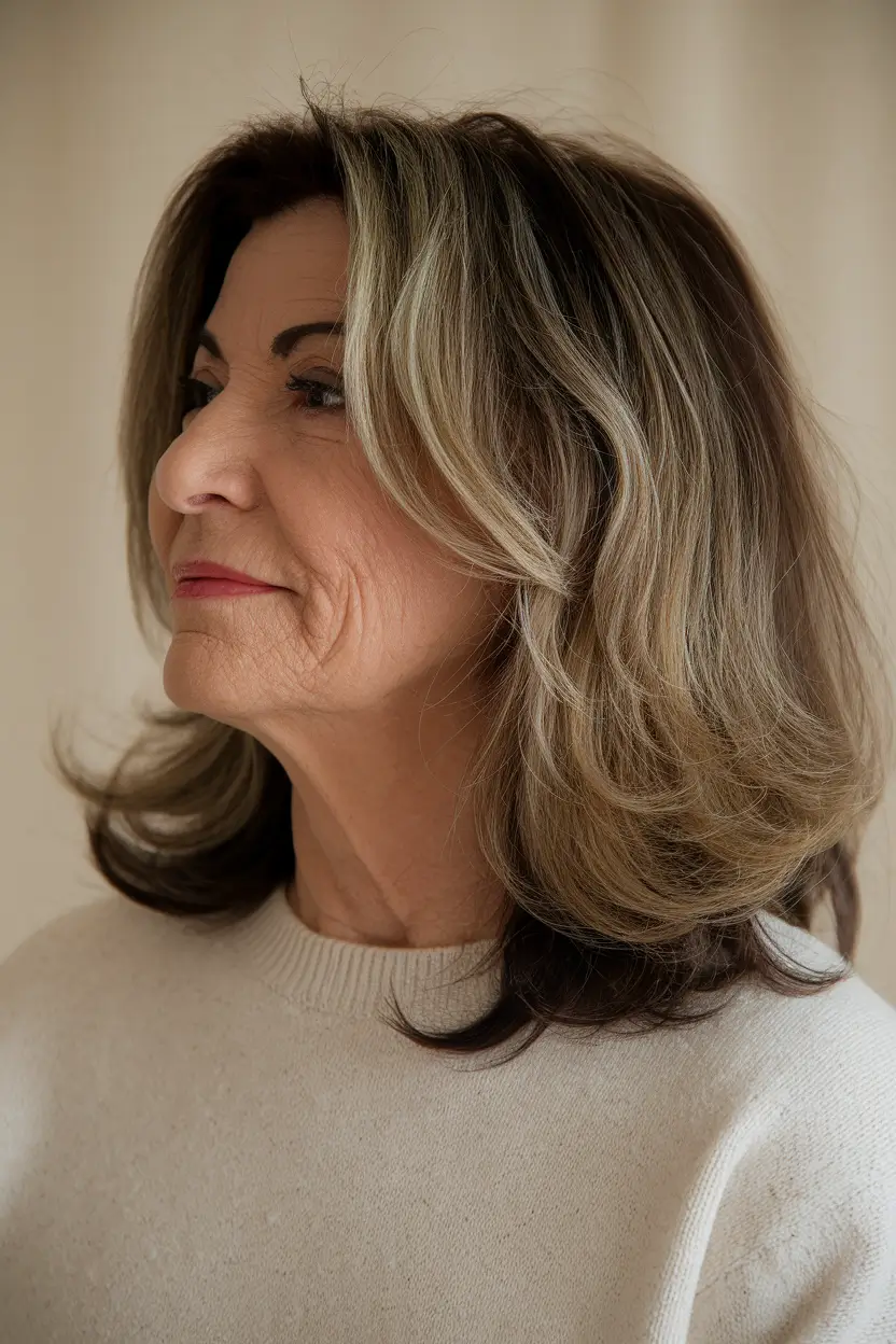 Fall 2025 Hair Color Guide for Women Over 50 Classic Mid-Length Cut with Mushroom Blonde Layers