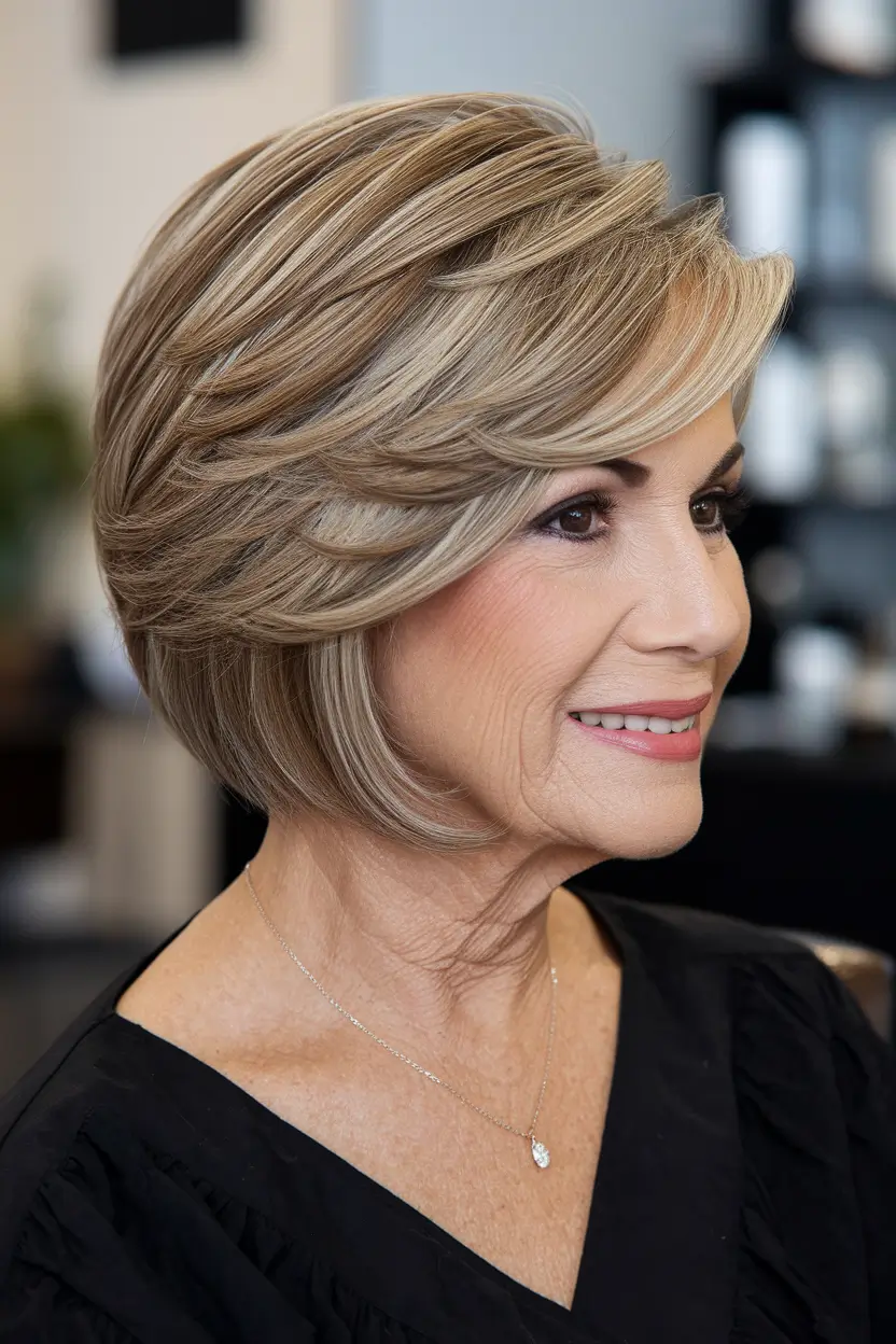Fall 2025 Hair Color Guide for Women Over 50 Stacked Blonde Bob with Seamless Layers