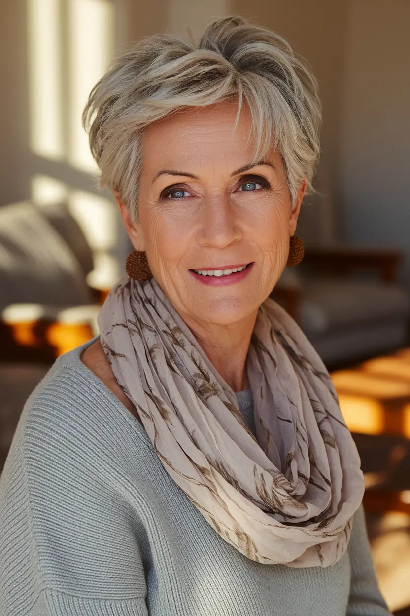 Fall 2025 Hair Color Guide for Women Over 50 Choppy Ash-Blonde Crop with Natural Lift