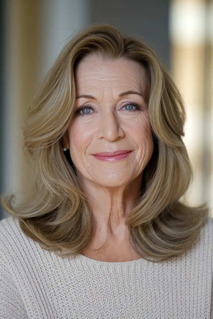 Fall 2025 Hair Color Guide for Women Over 50 Golden Beige Blowout with Elegant Layers