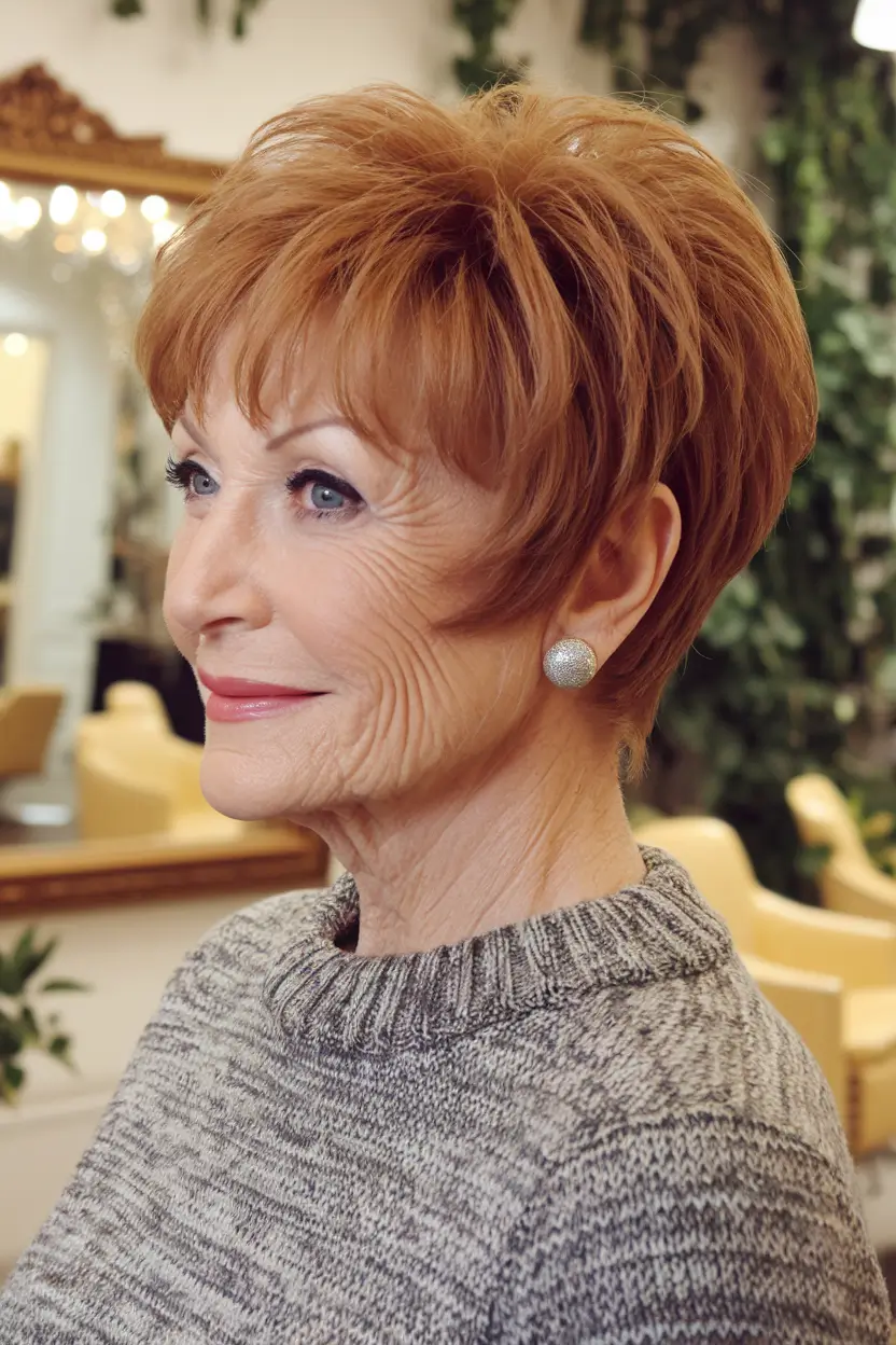 Fall 2025 Hair Color Guide for Women Over 50 Feathered Cinnamon Pixie for a Lifted Look