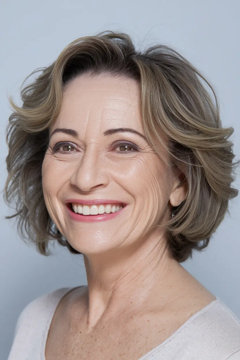 Fall 2025 Hair Color Guide for Women Over 50 Soft Flipped Bob with Sandy Blonde Layers