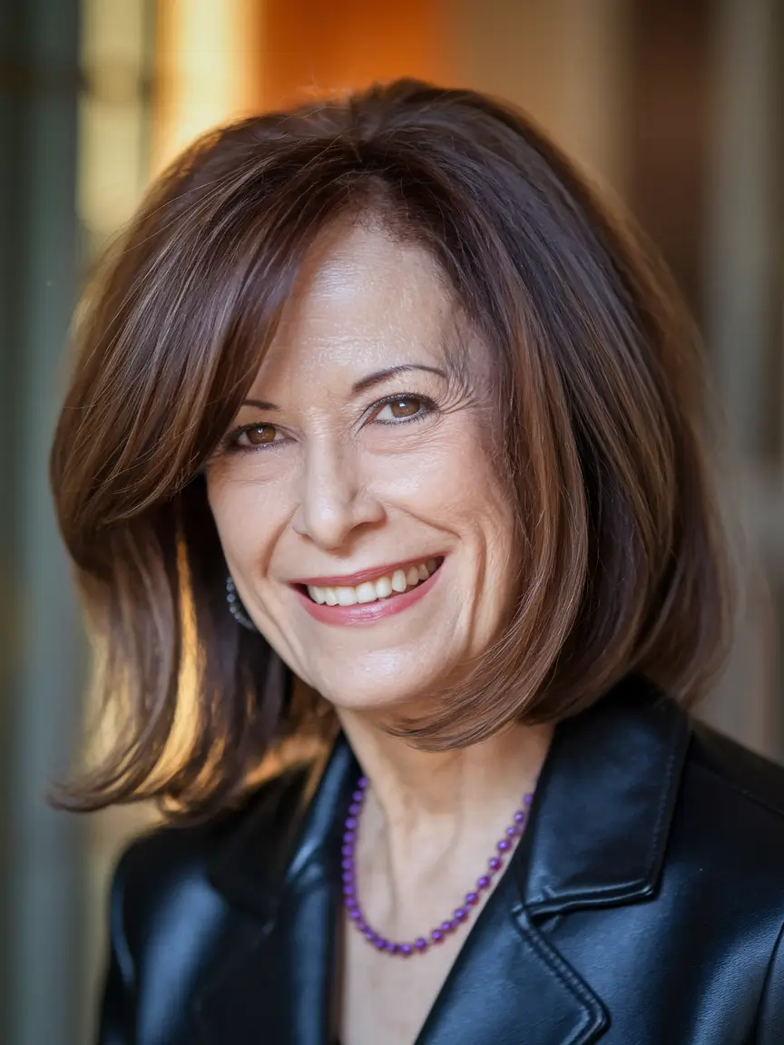 hair-color-for-women-over-60-brown-Glossed-Chestnut-Bob-with-Rounded-Volume