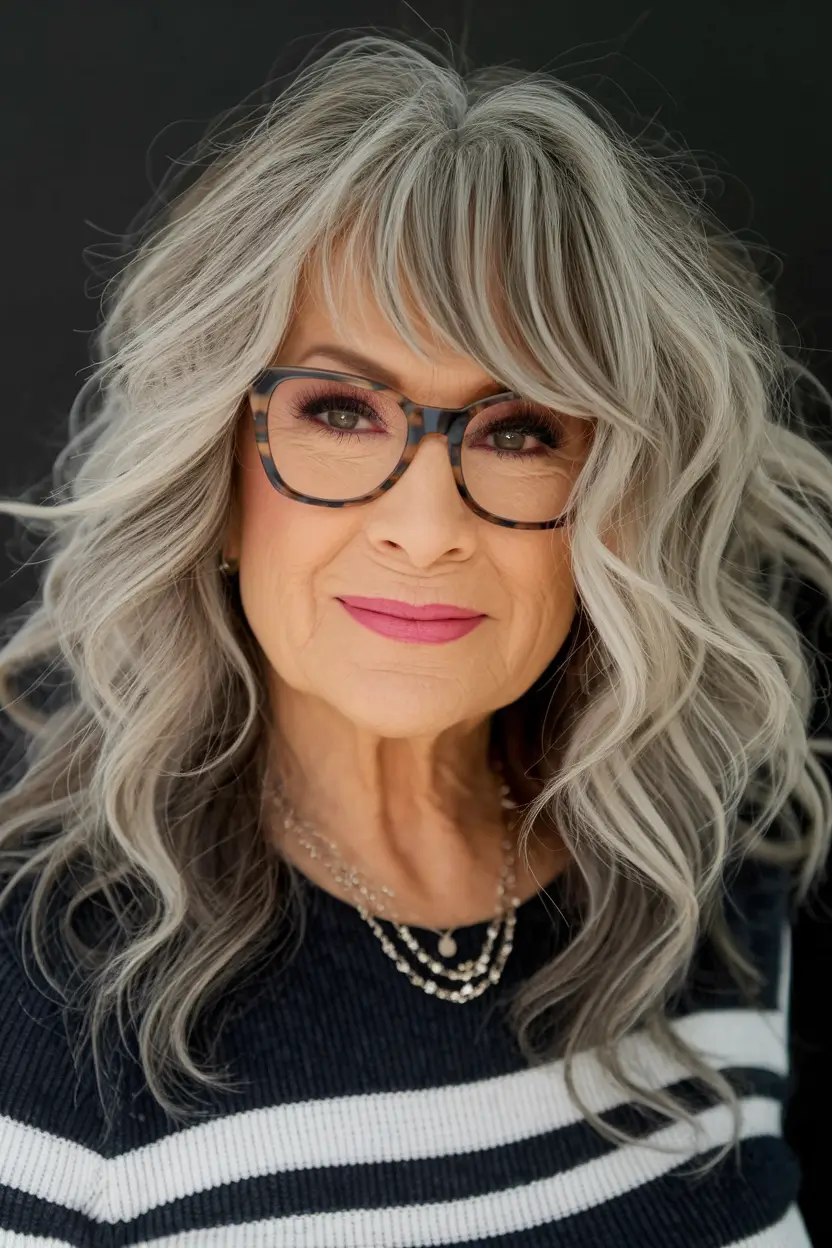 hairstyles-for-women-over-60-curly-hair-Wavy-Silver-Layers-with-Youthful-Curtain-Bangs