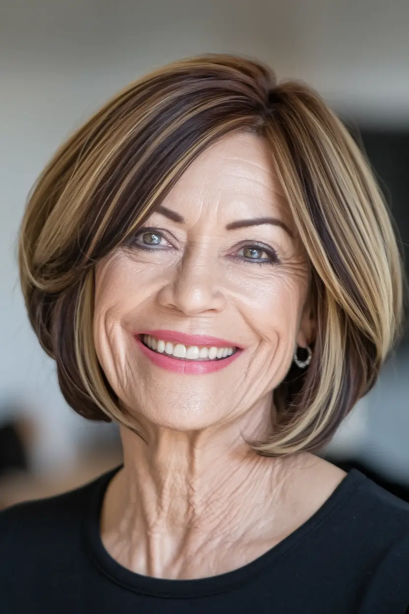 hair-color-for-women-over-60-brown-Glossy-Brunette-Bob-with-Honey-Highlights