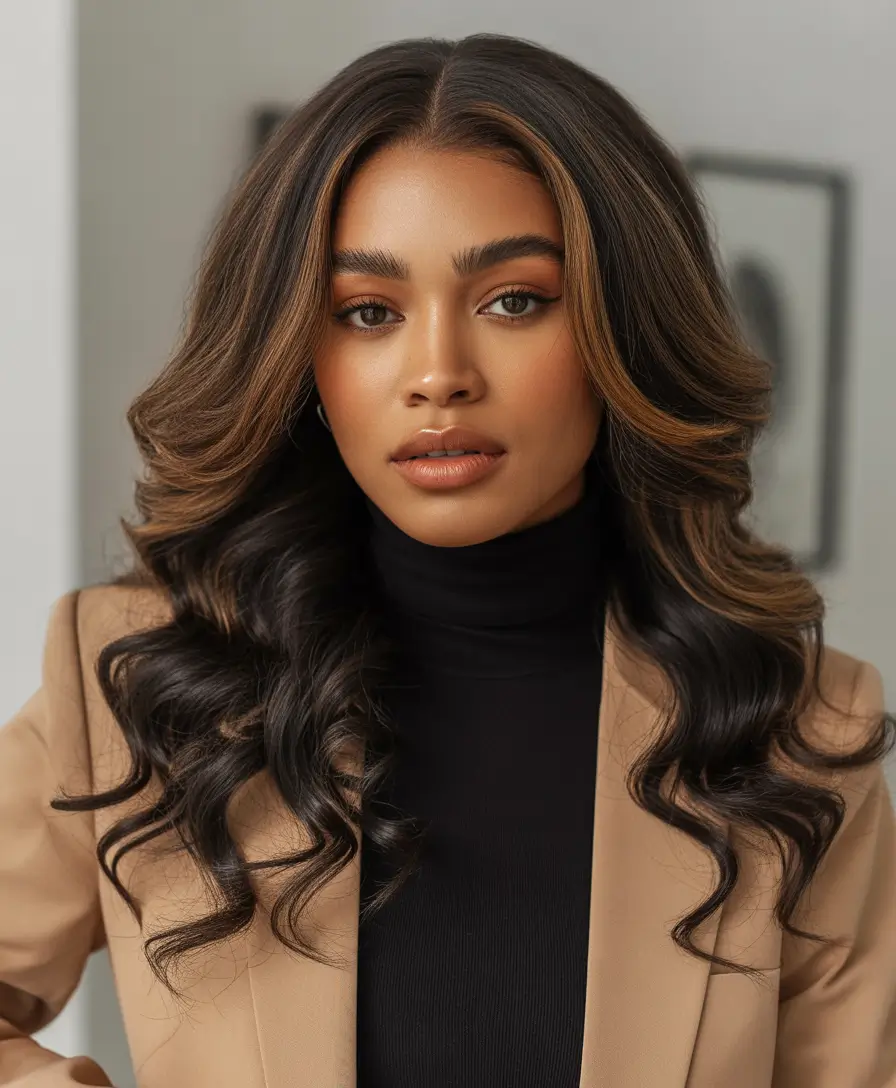 fall hair color for black women classic caramel ribbons in voluminous curls