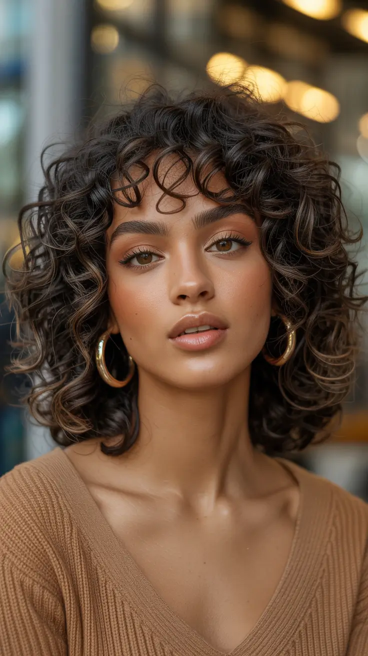 fall hair color for black women curly espresso bob with honey ribbons