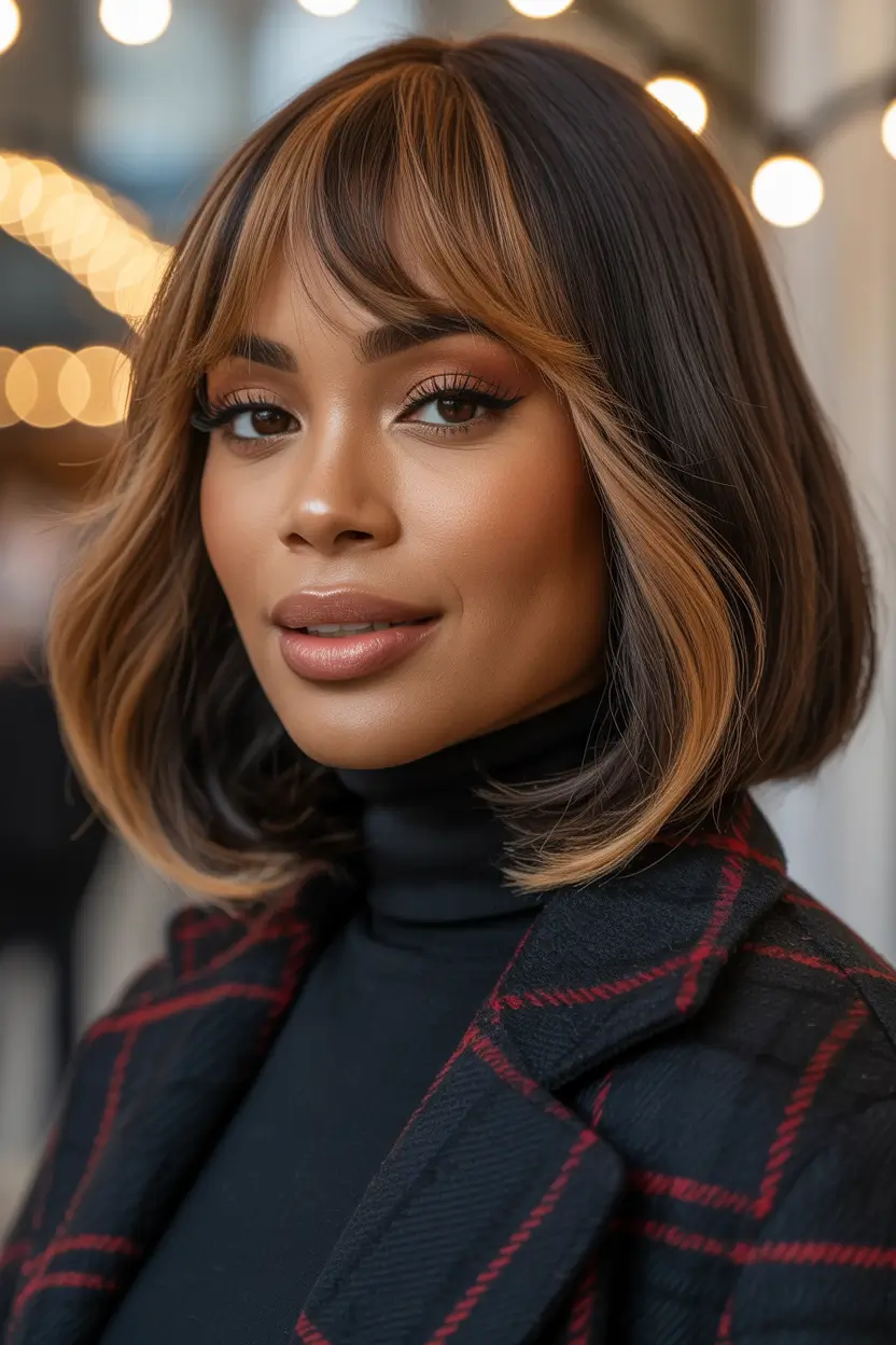 fall hair color for black women Chic Contrast Bob with Curtain Bangs