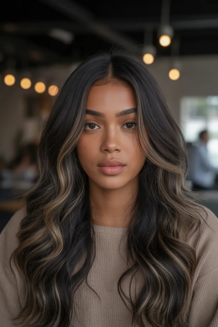 fall hair color for black women Espresso Waves with Subtle Champagne Ribbons