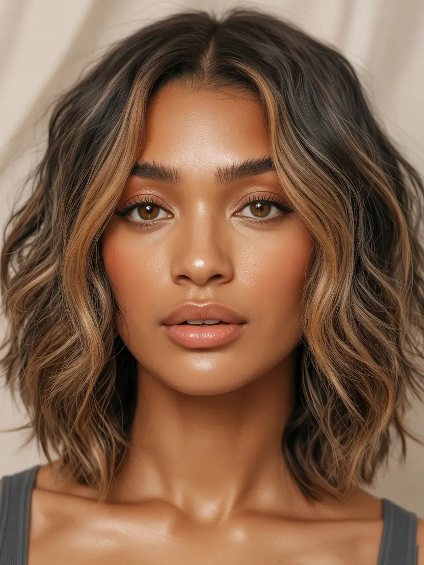 fall hair color for black women Textured Lob in Rooted Toffee