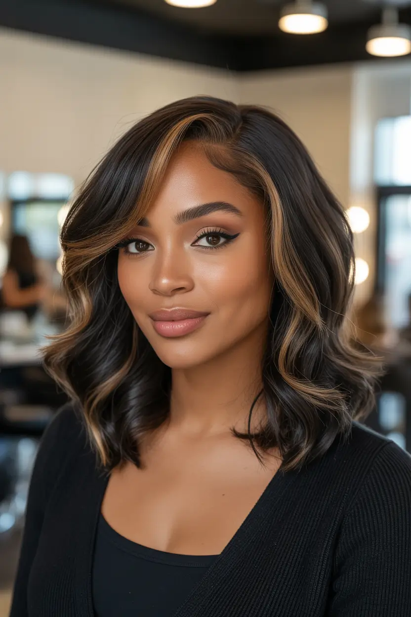 fall hair color for black women Glossy S-Curls with Espresso and Honey Panels