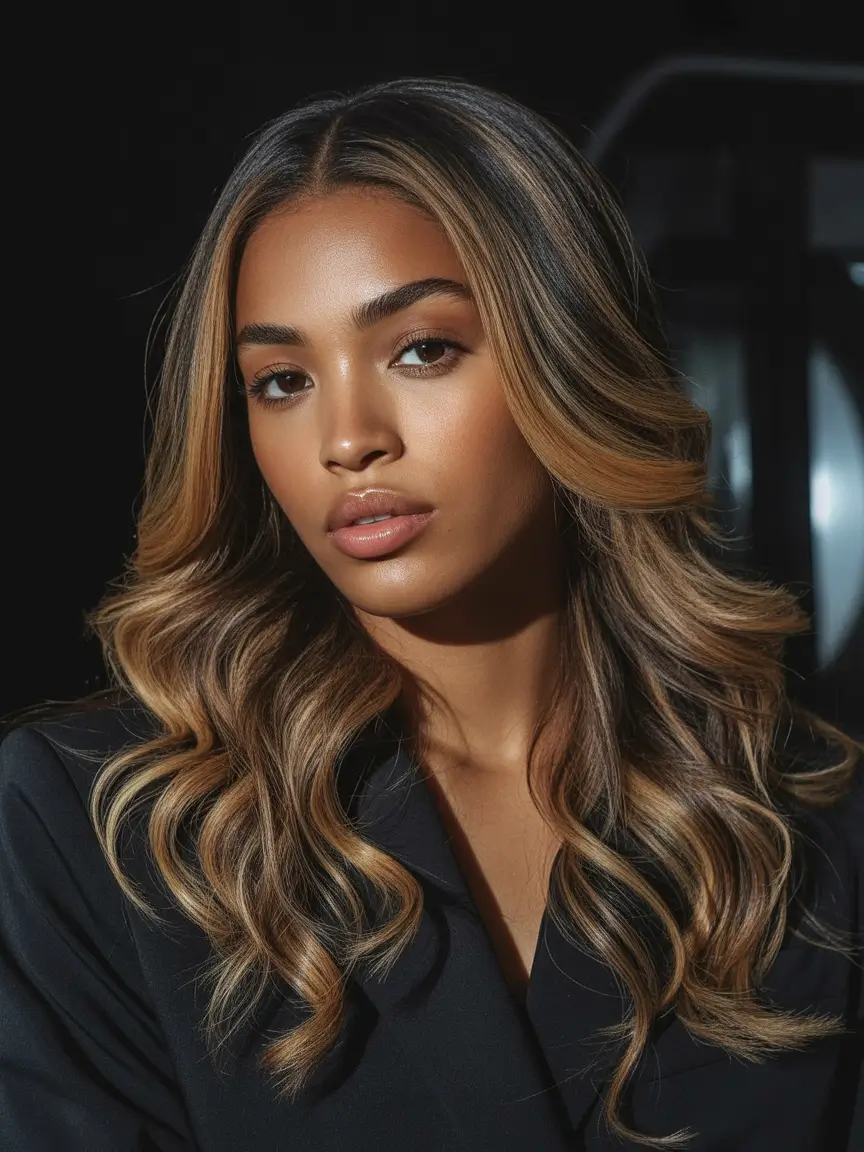 fall hair color for black women Dimensional Golden Flow with Face Brightening Streaks
