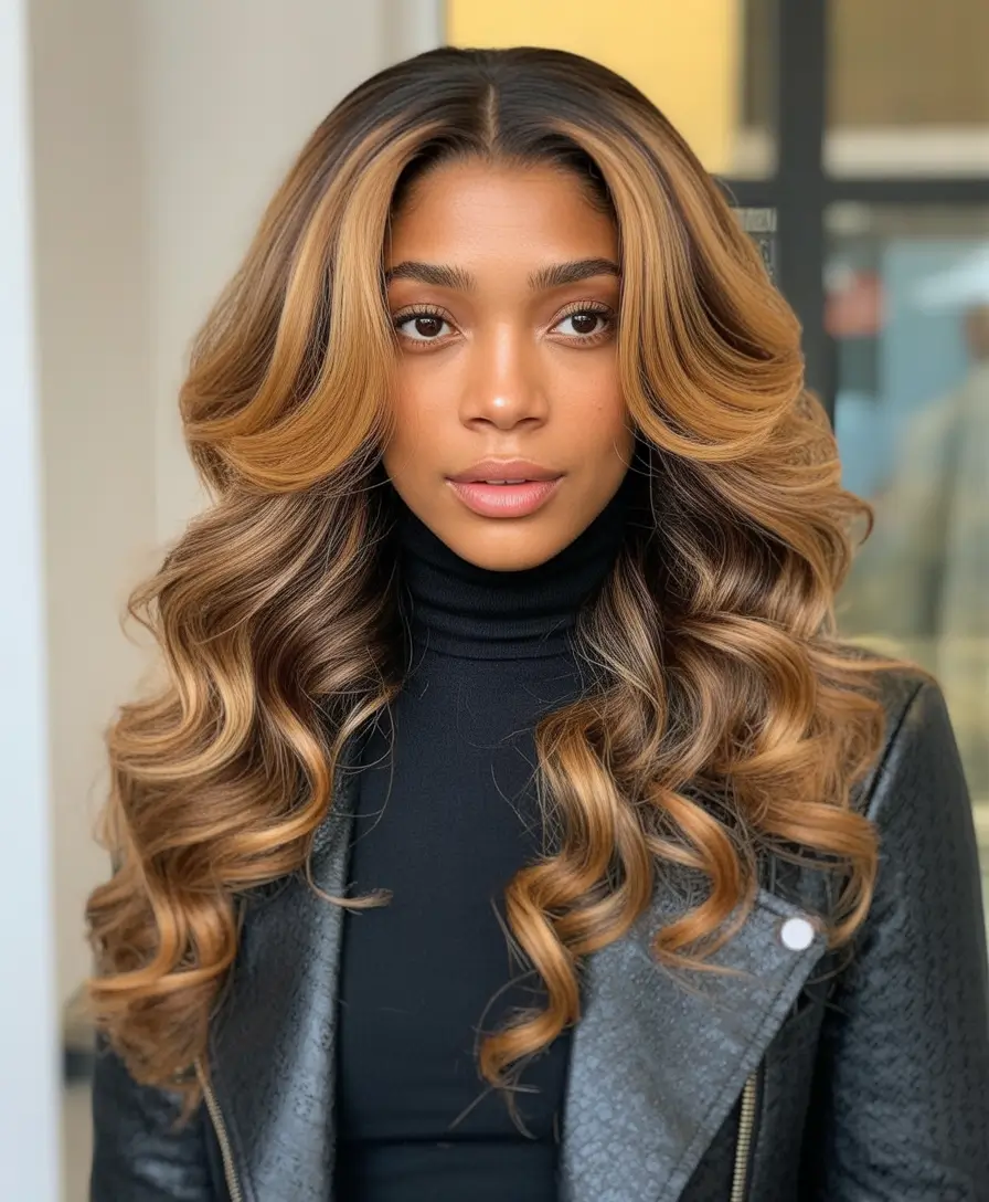 fall hair color for black women Cascading Copper Blonde Layers with a Glam Finish