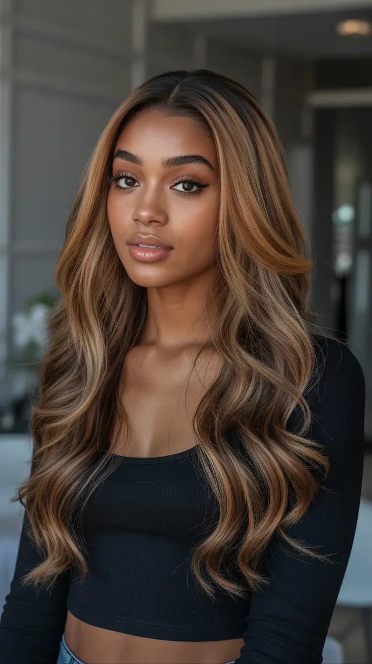 fall hair color for black women soft cinnamon balayage with long waves