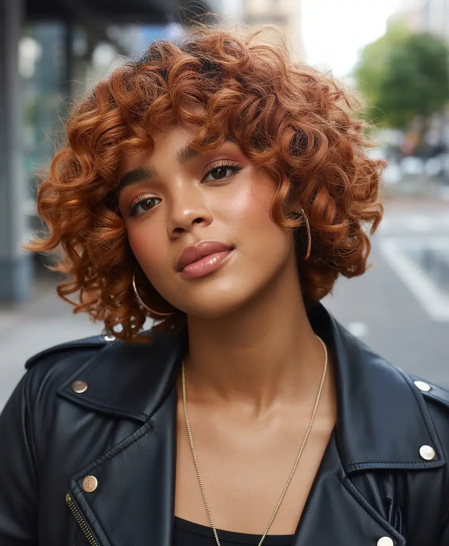 fall hair color for black women cinnamon-spiced curly bob with bounce