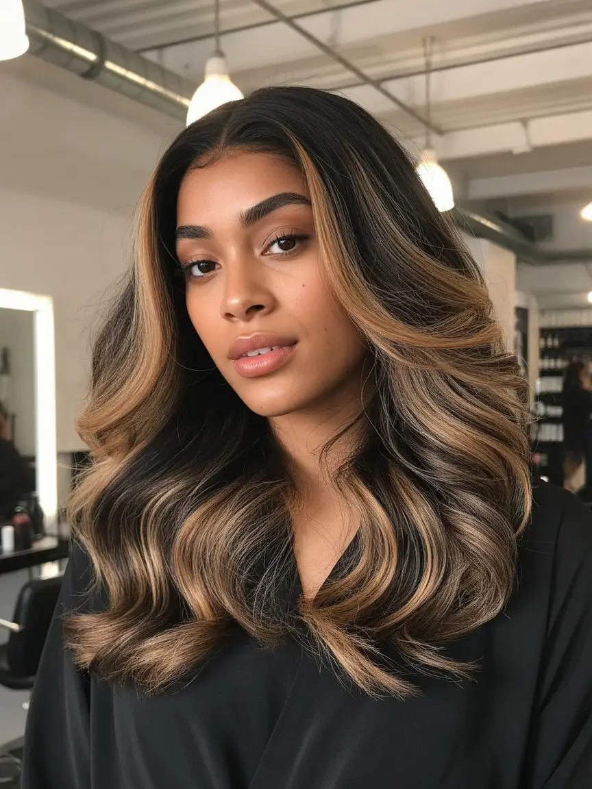 fall hair color for black women 2025 Warm Honey Balayage on Voluminous Waves