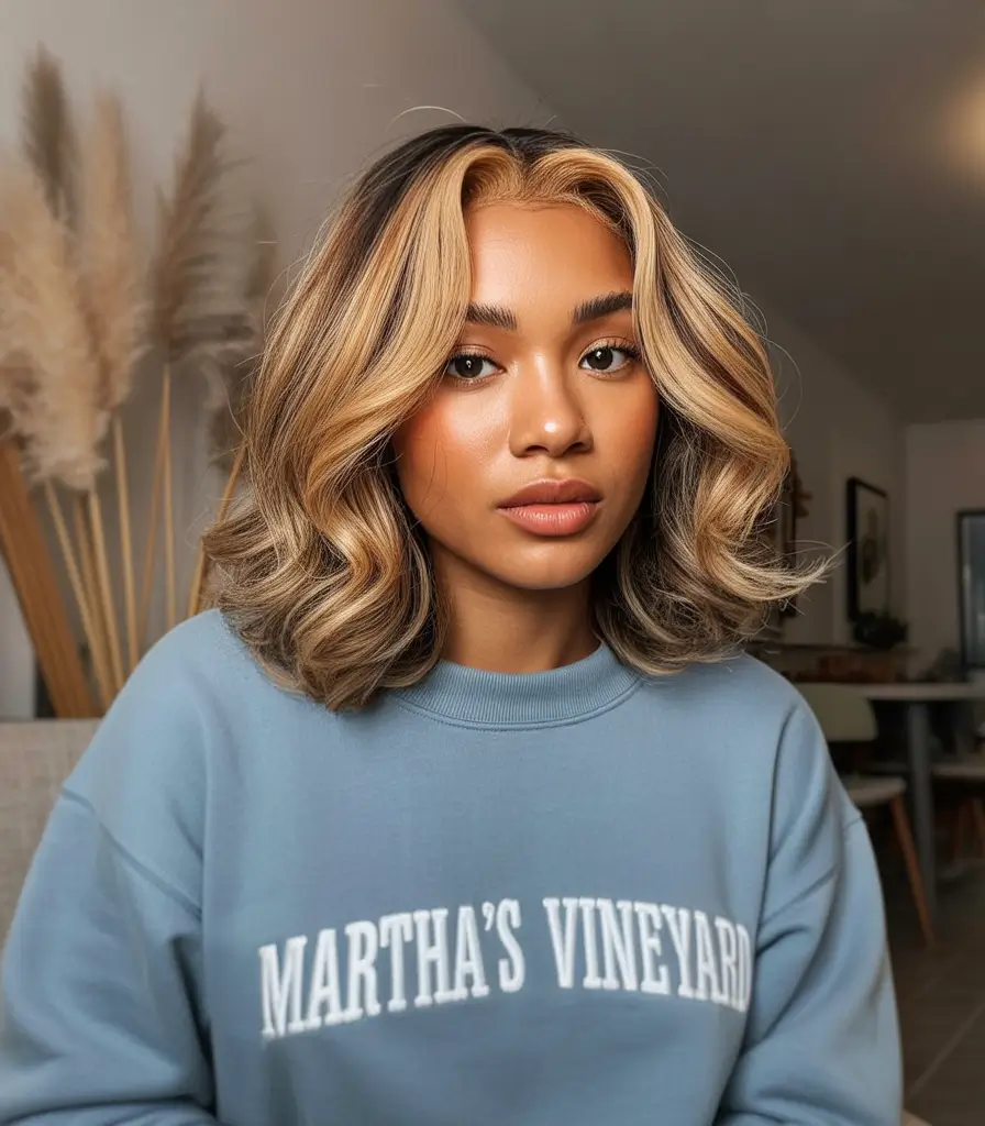 fall hair color for black women 2025 Layered Caramel Highlights on Shoulder-Length Curls