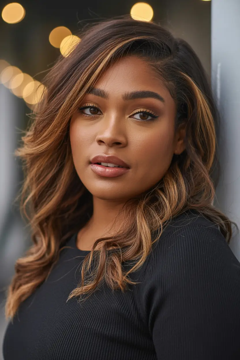 fall hair color for black women 2025 Golden Auburn Swoop with Side Part
