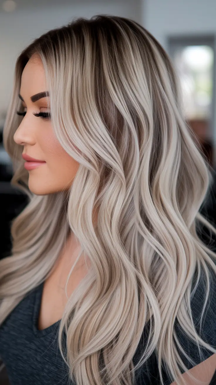 fall hair color for blondes 2025 Platinum Champagne Waves with Smoky Lowlights